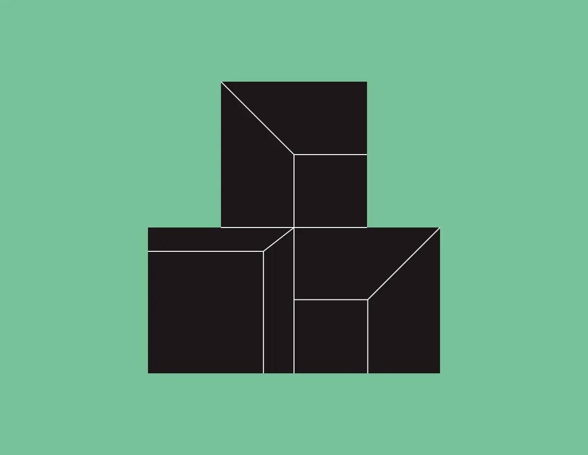 Eine schwarze Illustration von 3 gestapelten Kisten auf einem grünen Hintergrund